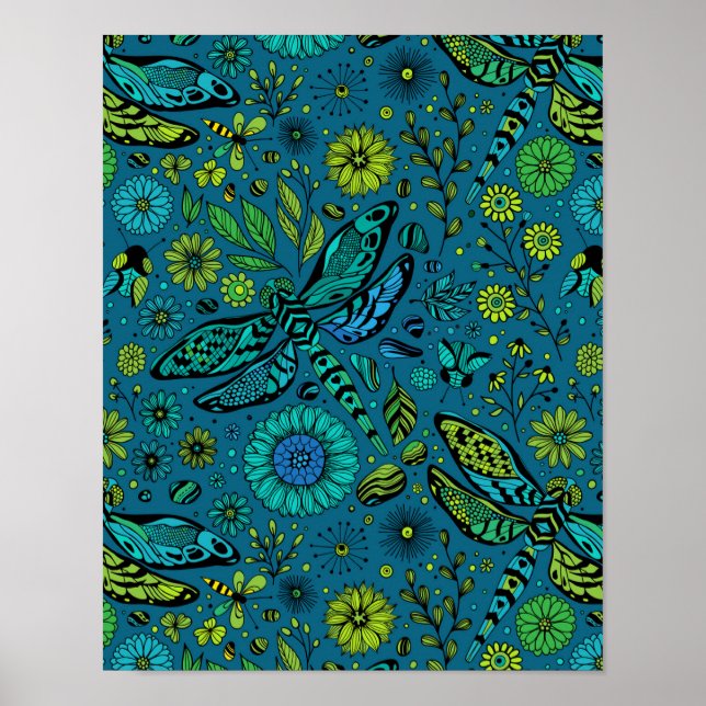 Fliege, Libelle auf blau Poster (Vorne)