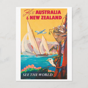 Fliege nach Australien und Neuseeland, sehen die Postkarte