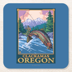 Fliegen-Fischen-Szene - Clackamas, Oregon Rechteckiger Pappuntersetzer