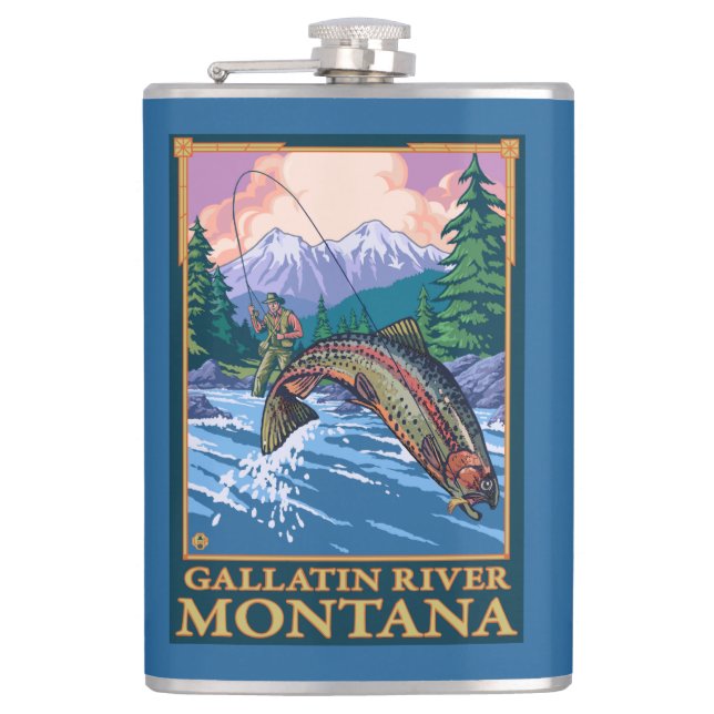 Fliegen-Fischen-Szene - Gallatin-Fluss, Montana Flachmann (Vorderseite)