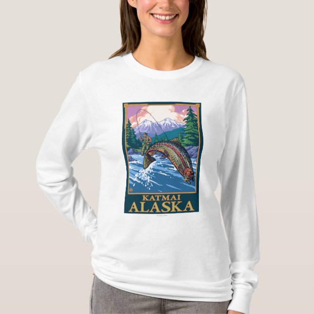 Fliegen-Fischen-Szene - Katmai, Alaska T-Shirt (Vorderseite)