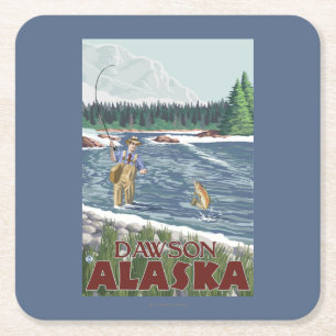 Fliegen-Fischer - Dawson, Alaska Rechteckiger Pappuntersetzer