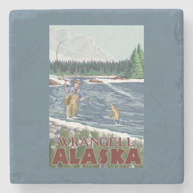Fliegen-Fischer - Wrangell, Alaska Steinuntersetzer (Vorderseite)