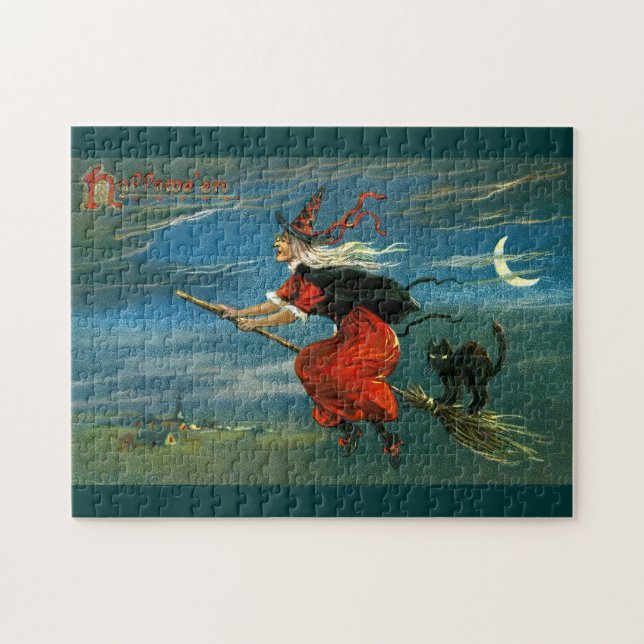 Fliegen-Halloween-Hexe mit Katze (Horizontal)