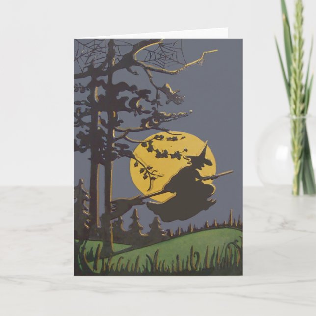 Fliegen-Hexe-Silhouette-Vollmond Spiderweb Karte (Vorderseite)