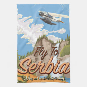 Fliegen nach Serbien Cartoon Reiseplakat Küchentuch
