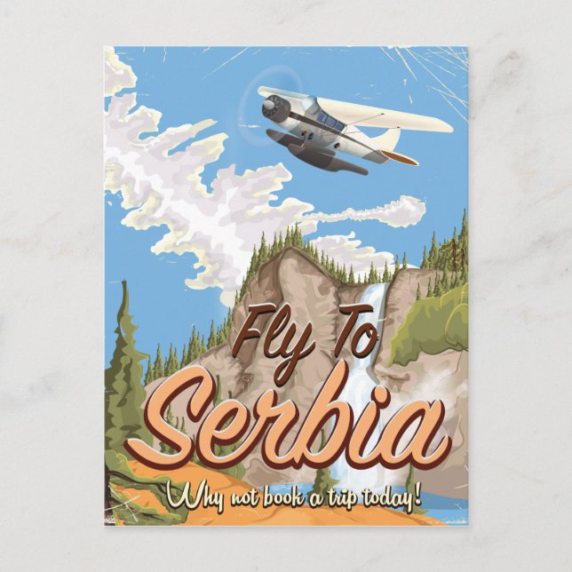 Fliegen nach Serbien Cartoon Reiseplakat Postkarte (Vorderseite)