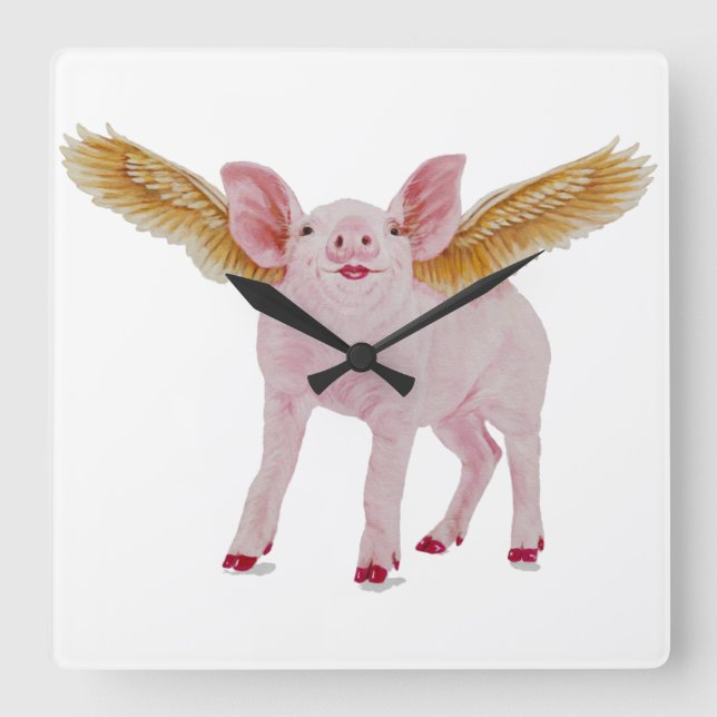 Fliegen-Schwein-Uhr Quadratische Wanduhr (Vorderseite)