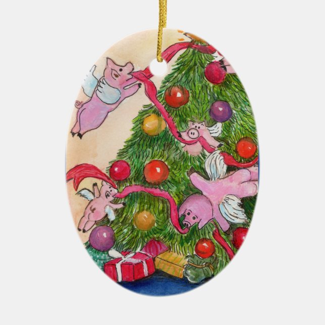 Fliegen-Schweine verzieren Baum-Verzierung Keramik Ornament (Vorne)