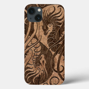 Fliegen Yin Yang Drachen mit hölzernem Korn-Effek iPhone 13 Hülle