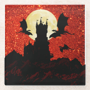 Fliegende Drachen, Klippenschloss, Vollmond, Glasuntersetzer