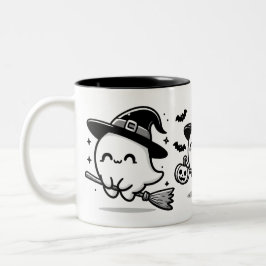 Fliegende Geisterhexe auf Besen Halloween-Tasse | Zweifarbige Tasse
