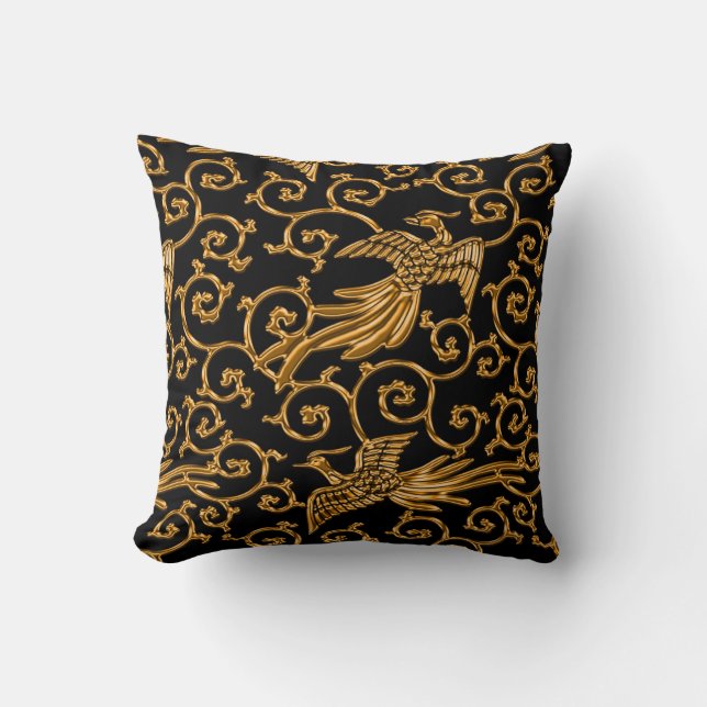Fliegende goldene Vogelarabeske Kissen (Vorderseite)