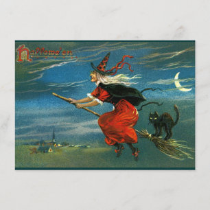 Fliegende Halloween-Hexe mit Katze Karte