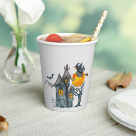 Fliegende Hexe auf einem Besen und Spuk HausHallow Pappbecher
