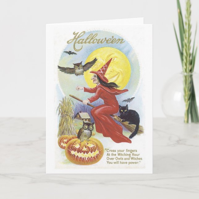 Fliegende Hexe, Fledermäuse, Katze, Eule Karte (Vorderseite)
