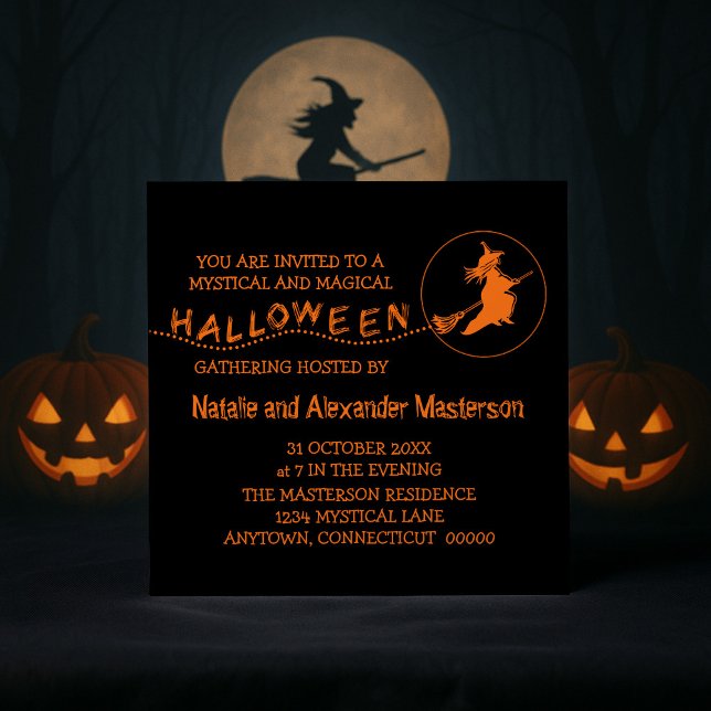 Fliegende Hexe Halloween Einladung, Schwarz & Oran Einladung (Black and Orange Flying Witch Halloween Party Invite)