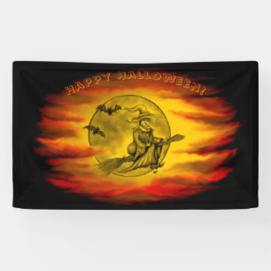 Fliegende Hexe mit schwarzer Katze, Halloween-Nach Banner