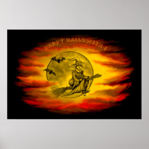 Fliegende Hexe mit schwarzer Katze, Halloween-Nach Poster