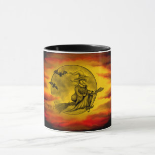 Fliegende Hexe mit schwarzer Katze, Halloween-Nach Tasse