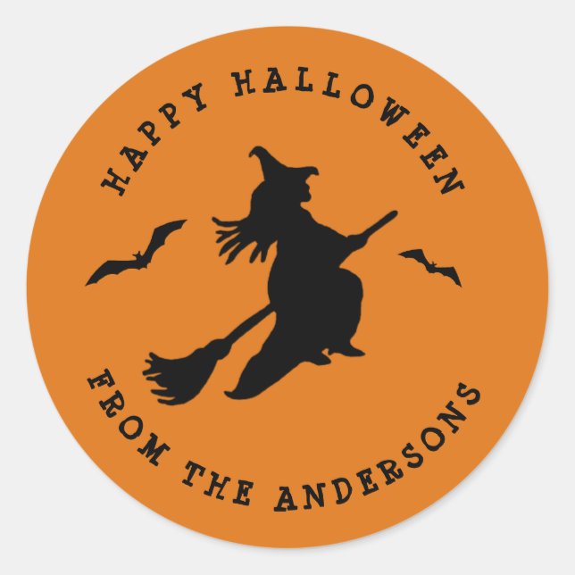 Fliegende Hexe Schwarz & Orange Halloween Runder Aufkleber (Vorderseite)
