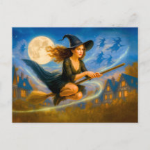 Fliegende Hexe über Dächern des Dorfes durch Vollm