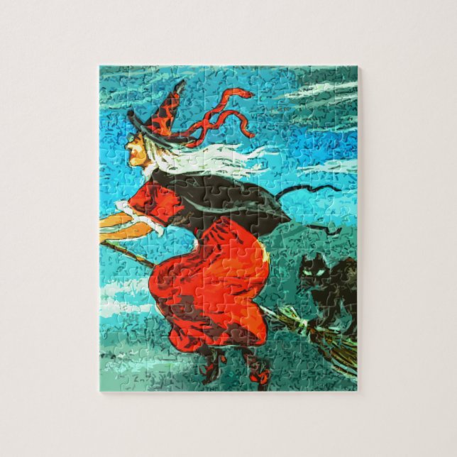 Fliegende Hexe und schwarze Katze Halloween (Vertikal)