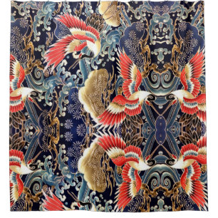 FLIEGENDE KRÄNE, BLAUE WELLEN, BLUME Japanisch Duschvorhang