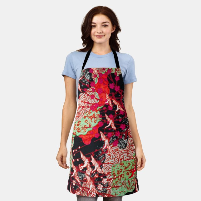 FLIEGENDE KRÄNE, FRÜHSTÜCKE BLUMEN Roter Japanisch Schürze (Getragen)