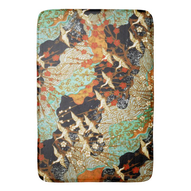 FLIEGENDE KRÄNE MIT FRÜHBLUMEN, Japanisch Badematte (Vorderseite Vertikal)