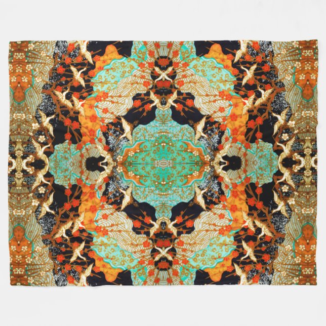 FLIEGENDE KRÄNE MIT FRÜHBLUMEN, Japanisch Fleecedecke (Vorderseite (Horizontal))