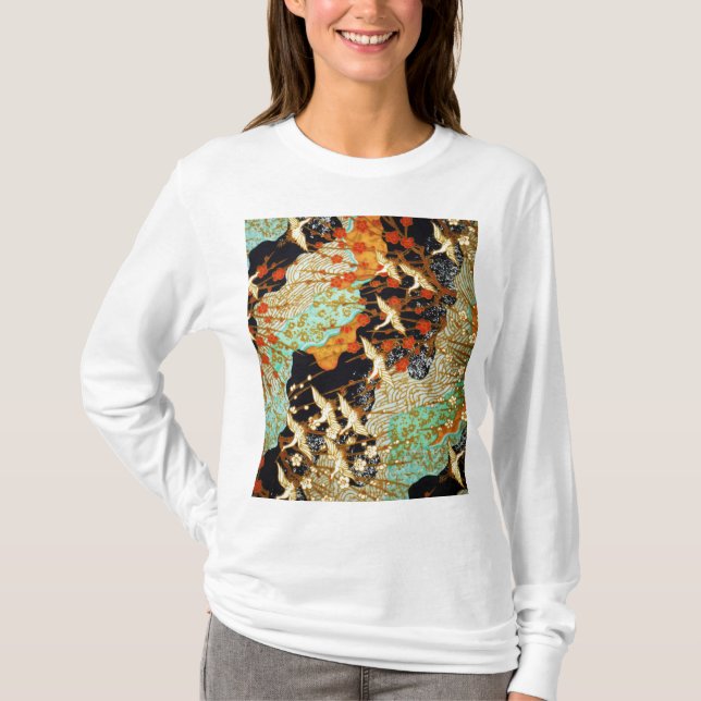 FLIEGENDE KRÄNE MIT FRÜHBLUMEN, Japanisch T-Shirt (Vorderseite)