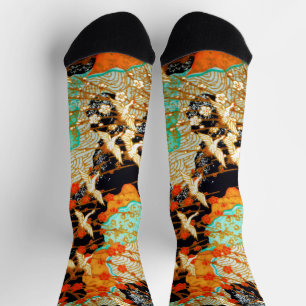 FLIEGENDE KRANE MIT FRÜHLINGSBLUMEN Japanische Blu Socken