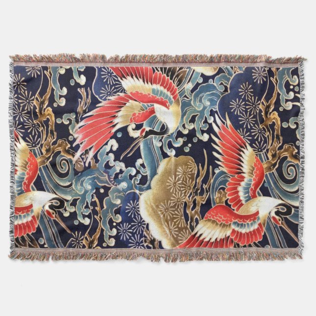 FLIEGENDE KRÄNE, WELLEN, FRÜHSTÜCKE, japanische Bl Decke (Vorderseite)