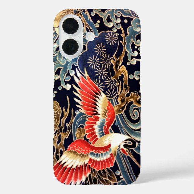 FLIEGENDE KRÄNE, WELLEN, FRÜHSTÜCKE, japanische Bl iPhone 16 Hülle (Rückseite)