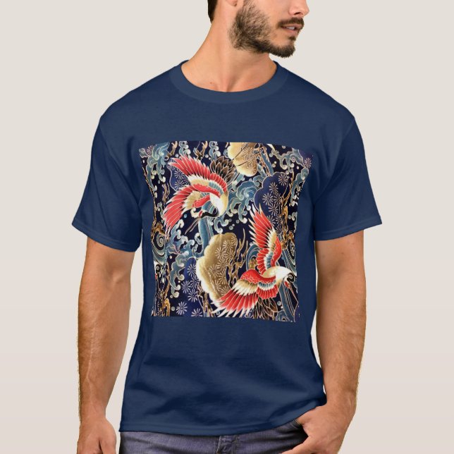 FLIEGENDE KRÄNE, WELLEN, FRÜHSTÜCKE, japanische Bl T-Shirt (Vorderseite)