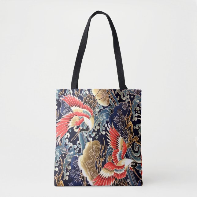FLIEGENDE KRÄNE, WELLEN, FRÜHSTÜCKE, japanische Bl Tasche (Vorderseite)