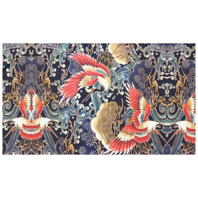 FLIEGENDE KRÄNE, WELLEN, FRÜHSTÜCKE, japanische Bl Tischdecke (Vorderseite (Horizontal))