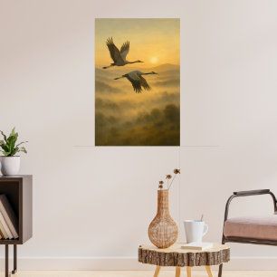 Fliegende Kraniche bei Sonnenuntergang – Friedlich Poster
