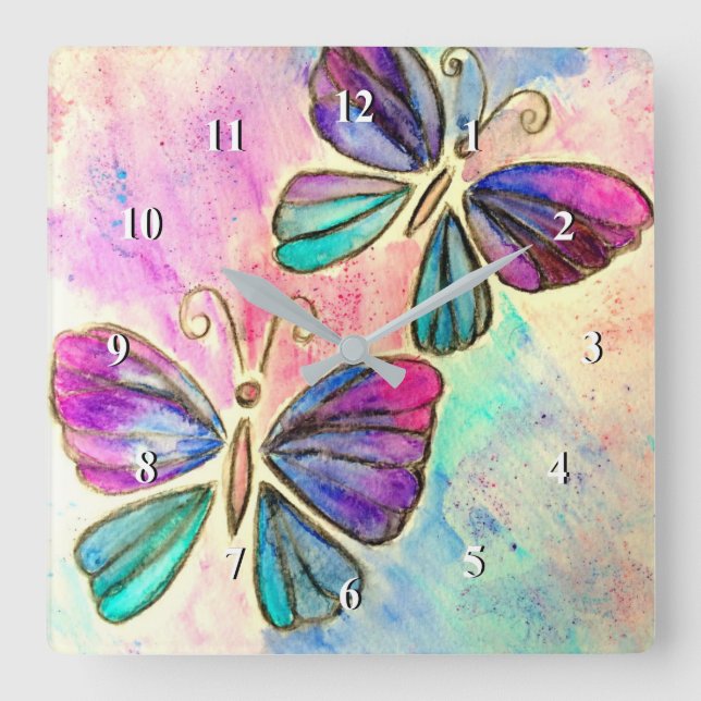 Fliegende Schmetterlingsuhren - Aquarell Quadratische Wanduhr (Vorderseite)