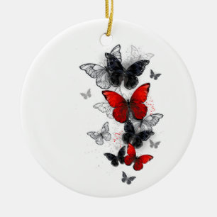 Fliegende schwarze und rote Morpho-Schmetterlinge Keramik Ornament