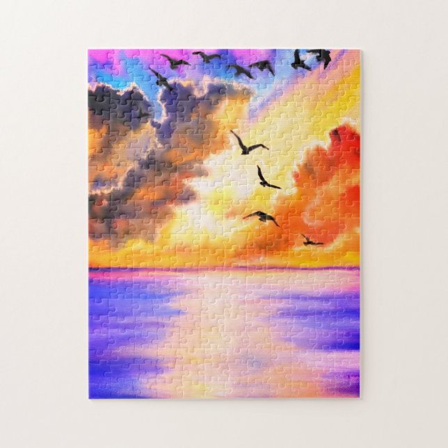 Fliegende Vögel auf dem Meer Sonnenuntergang Puzzl (Vertikal)