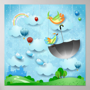 Fliegende Vögel und Regenschirme über der Stadt Poster