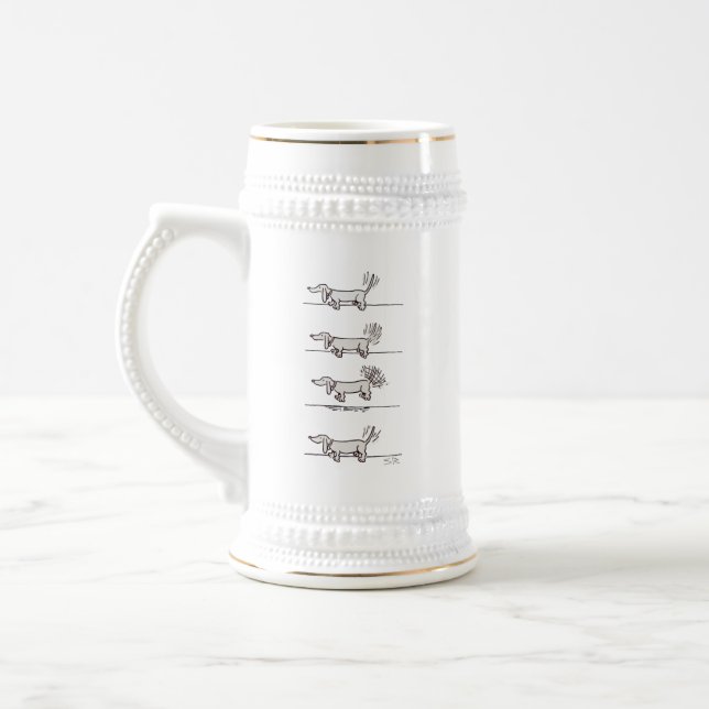 Fliegender Dackel, grauweißer Stein, Goldschnitt Bierglas (Links)