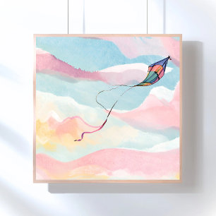 Fliegender Drachen   Luftige Wasserfarben-Himmel-M Poster