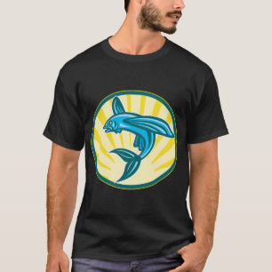 Fliegender Fisch springt Retro-Holzschnitt T-Shirt