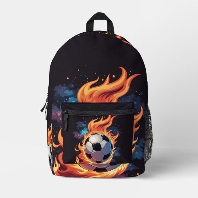 Fliegender Fußball mit Flammen. Bedruckter Rucksack (Vorderseite)