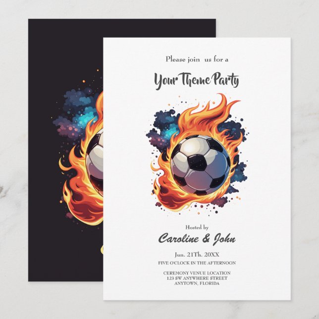 Fliegender Fußball mit Flammen. Einladung (Vorne/Hinten)