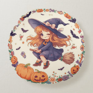 Fliegender Hexen-Halloween-Rundkissen Rundes Kissen