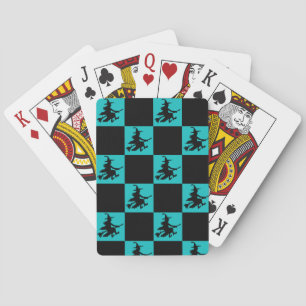 Fliegender Hexen-Schwarz-Teal-Kariert Spielkarten